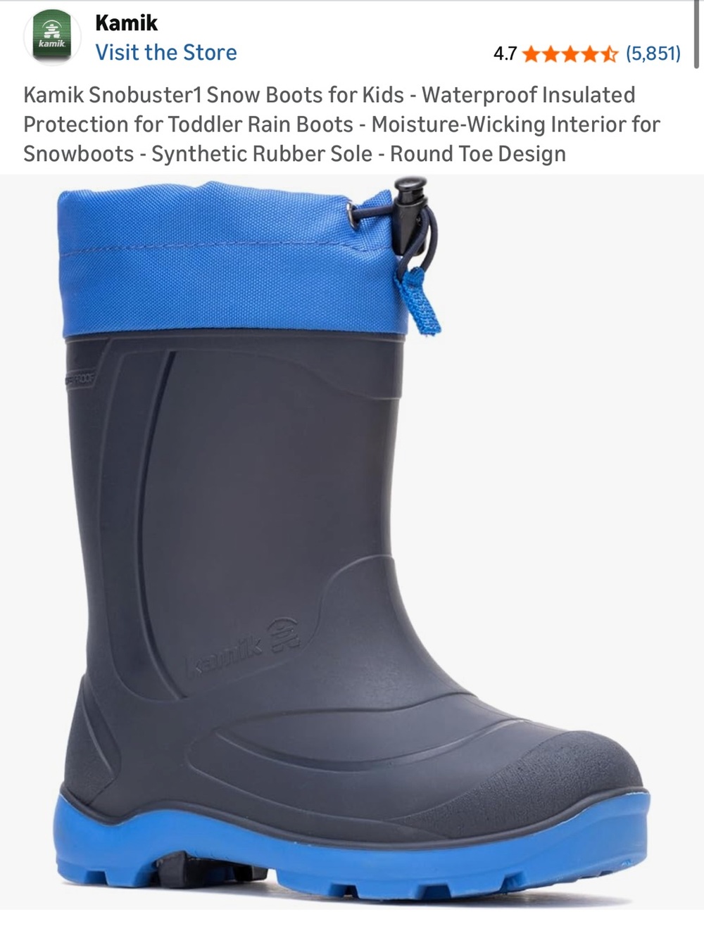 Kamik Kids Snobuster1 Waterproof Snow Boots in Blue and Navy